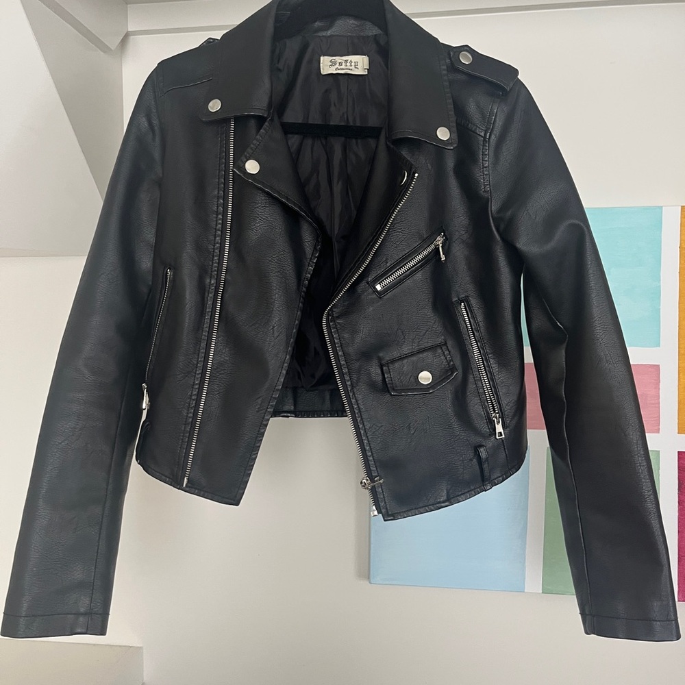 Black Leather Moto Jacket with Asymmetrical Zipper and Notched Lapel